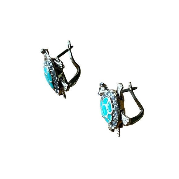 Blue Enamel Pave Rhinestone Turtle Clip-On Stud Earrings Gold Tone Nature - Picture 2 of 8